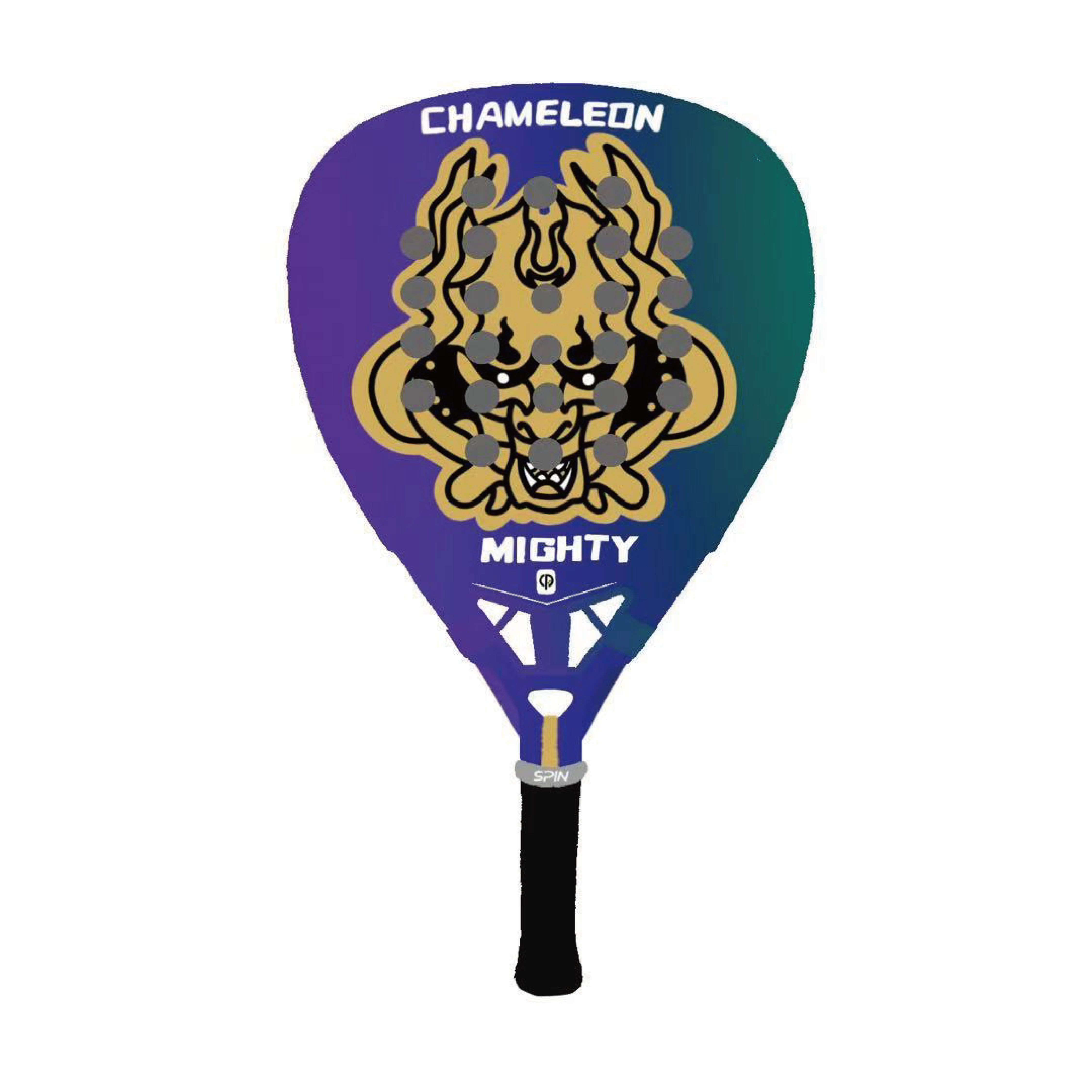 SpinPadel Chameleon racket spotlight on a dark studio card